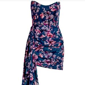 KATIE MAY Chasing Dawn Ruched Strapless Trailing Down Hem Mini Dress